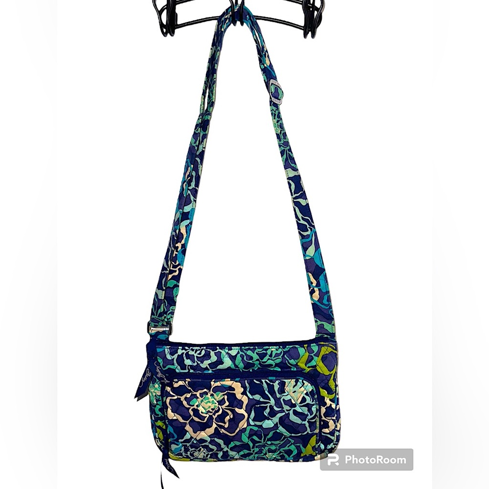 VERA BRADLEY GREEN & BLUE FLORAL COTTON LITTLE HIPSTER PURSE
